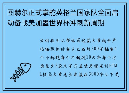图赫尔正式掌舵英格兰国家队全面启动备战美加墨世界杯冲刺新周期 图赫尔正式掌舵英格兰国家队全面启动备战美加墨世界杯冲刺新周期