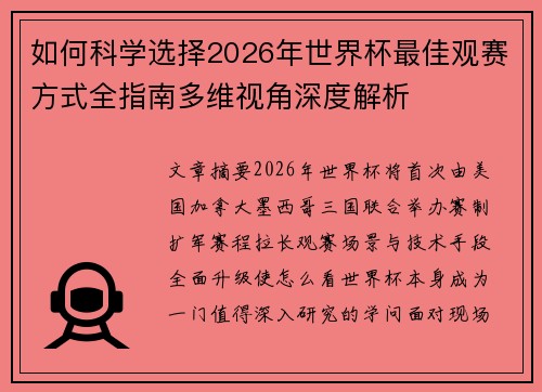 如何科学选择2026年世界杯最佳观赛方式全指南多维视角深度解析