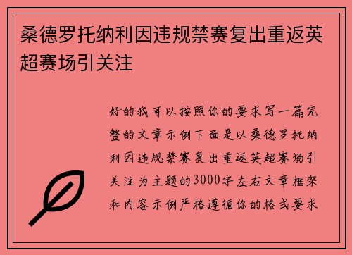 桑德罗托纳利因违规禁赛复出重返英超赛场引关注
